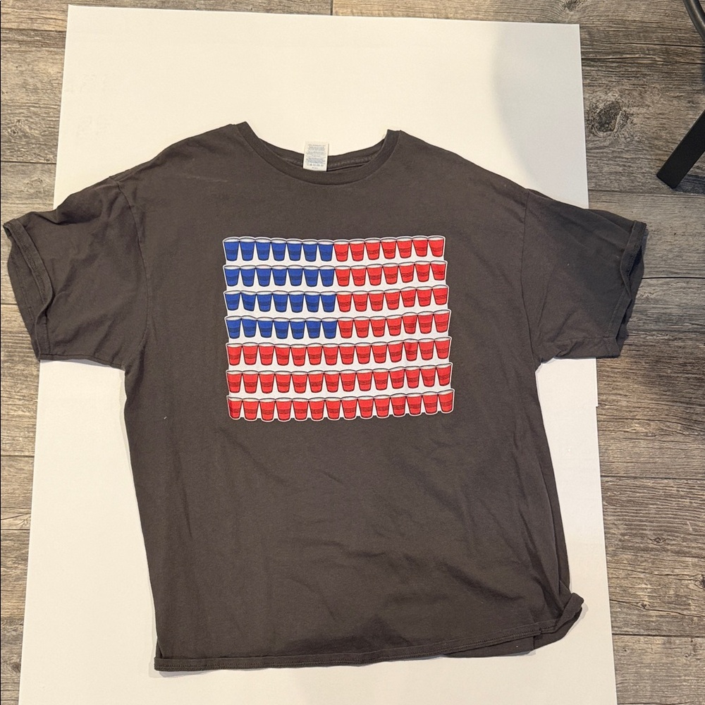 Delta Gray Tee with Red and Blue Cup American Flag Pattern